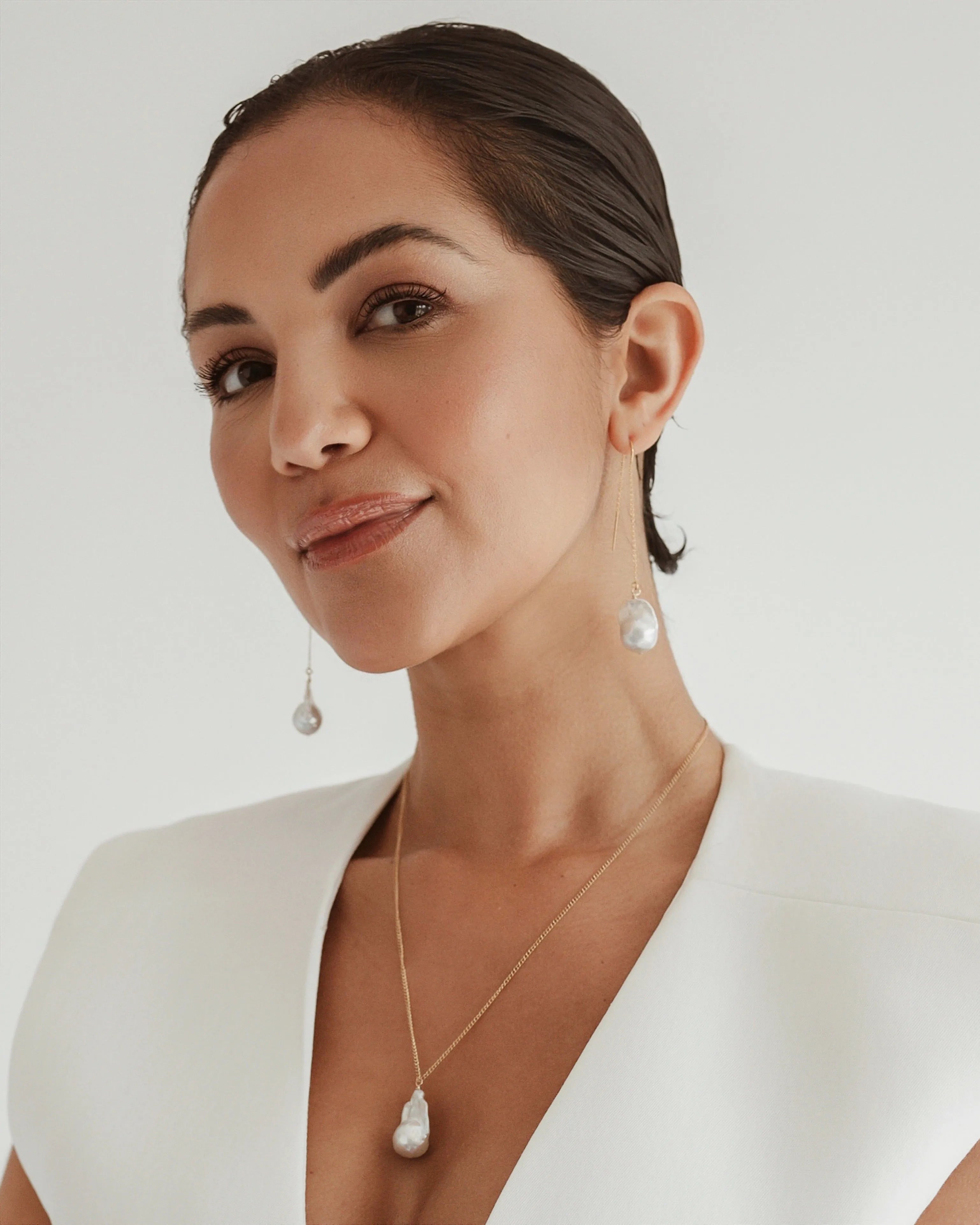 Gaia Baroque Pearl 14k Gold Fine Threader Earrings