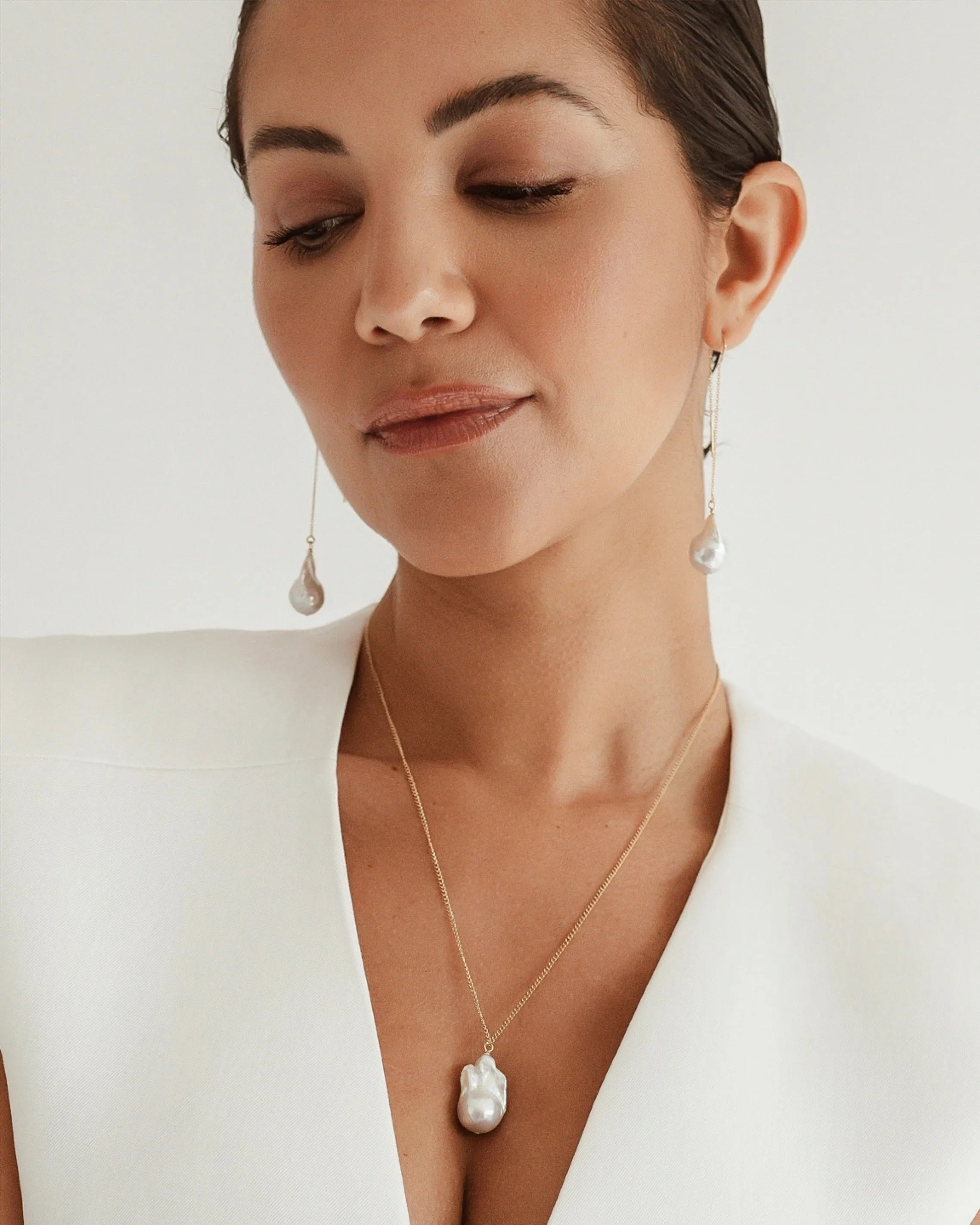 Gaia Baroque Pearl 14k Gold Fine Threader Earrings