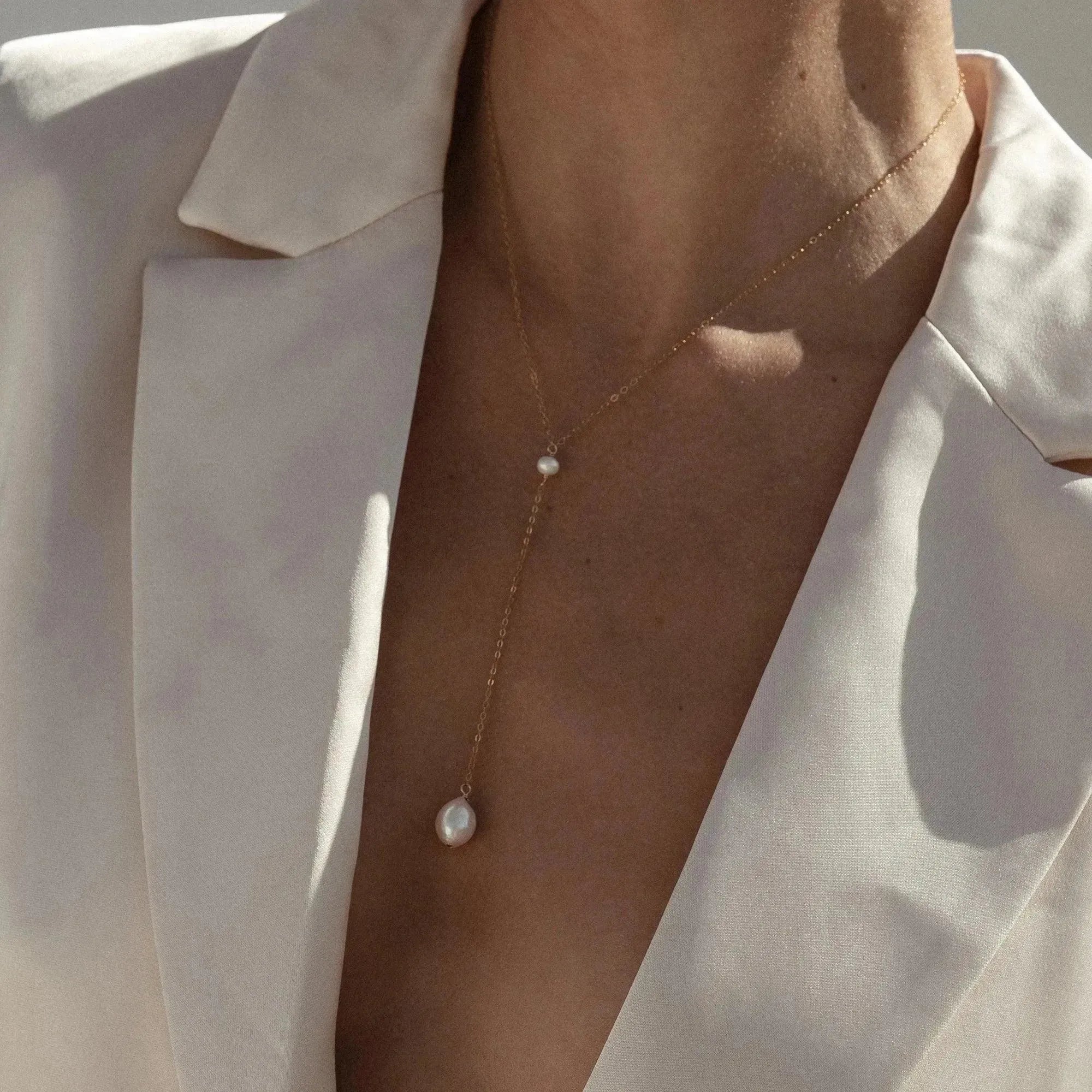 Cascade Pearl Lariat Y Gold Necklace - ELLA PALM