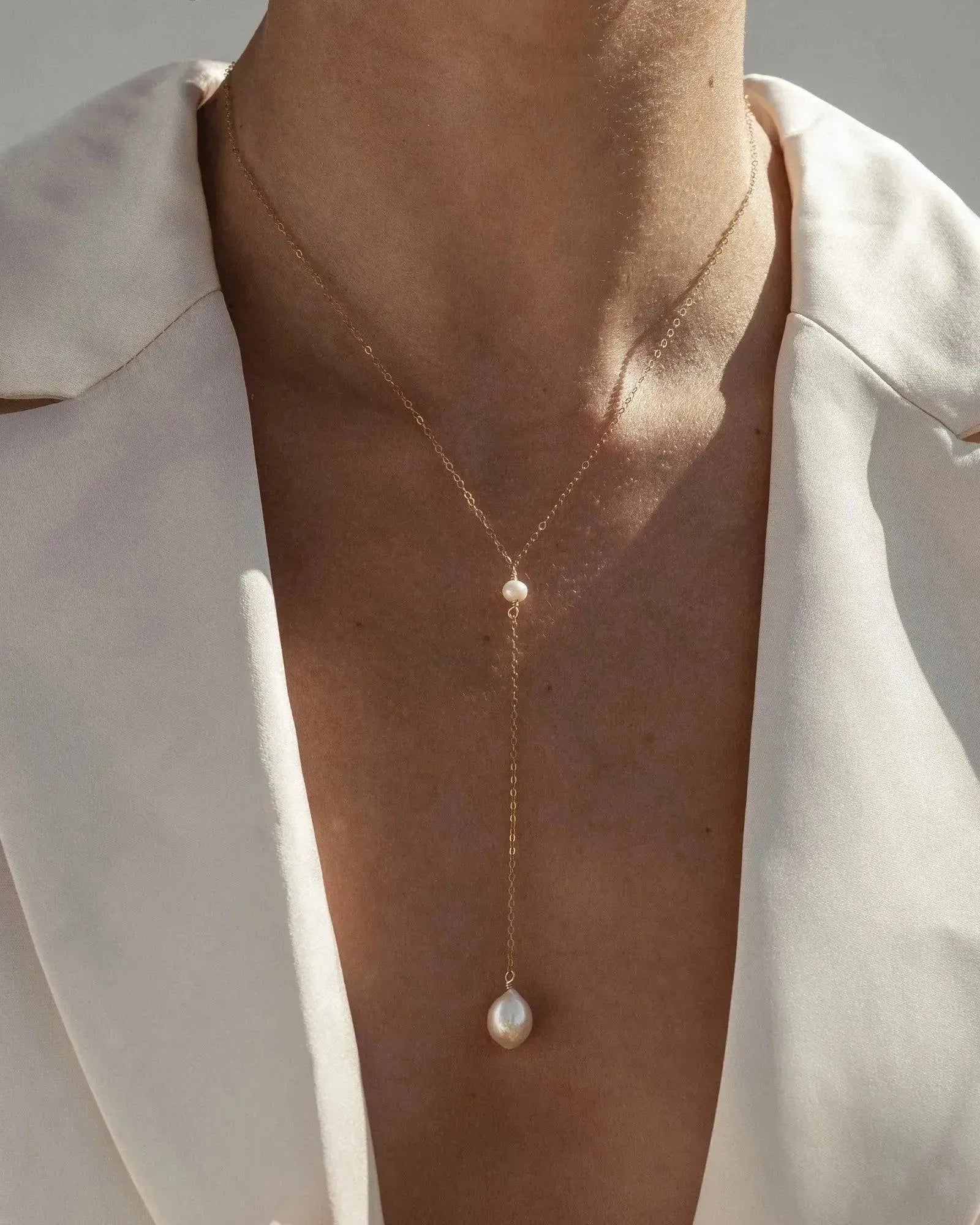 Cascade Pearl Lariat Y Gold Necklace - ELLA PALM